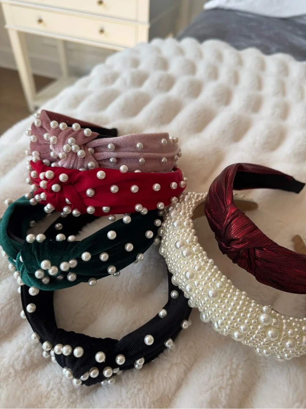 Pearl-Embellished Velvet Headbands - Multi Color